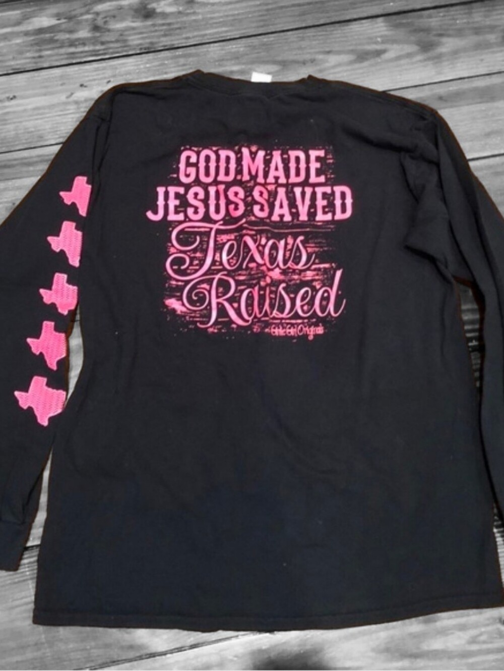 Inspirational LS Tee. 3x's Blessed! GOD MADE JESUS SAVED Texas Raised. Sz. L